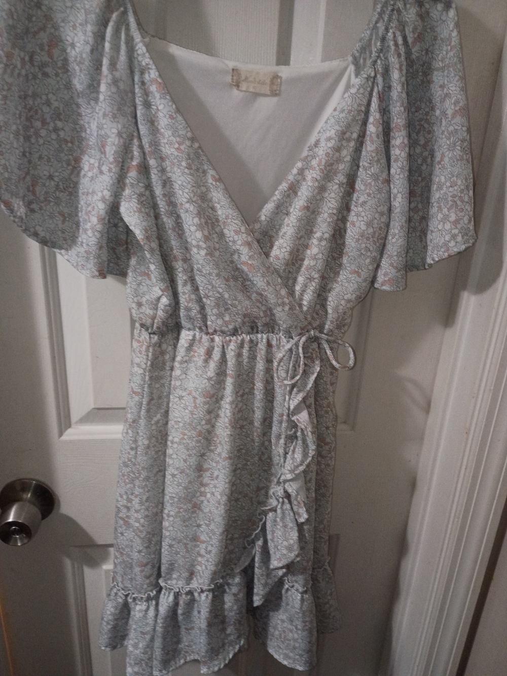 Altar'd State Floral Wrap Dress in Blue and Cream with Peach Accents